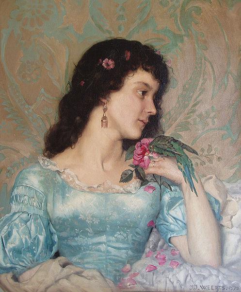 Weerts Jean Joseph Beautiful pensive portrait of a young woman with a bird and flower Germany oil painting art